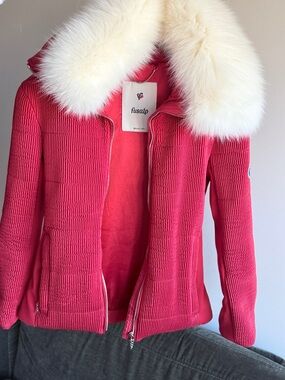 Fusalp Pink-Red Quilted Ski Jacket with Cream Faux Fur Collar